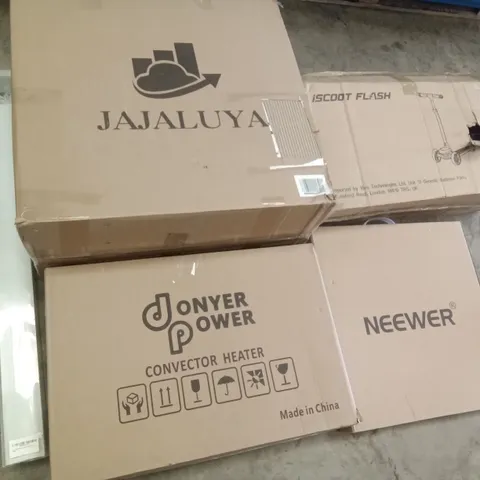 PALLET OF ASSORTED ITEMS INCLUDING JAJALUYA OFFICE CHAIR, DONYER POWER CONVECTOR HEATER, ISCOOT FLASH SCOOTER, DAY & NIGHT BLINDS, NEEWER PHOTO STUDIO LIGHT BOX, OLARHIKE DOUBLE HIGH AIR MATTRESS 