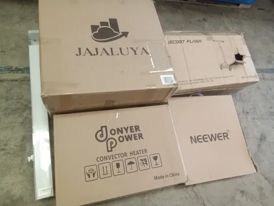 PALLET OF ASSORTED ITEMS INCLUDING JAJALUYA OFFICE CHAIR, DONYER POWER CONVECTOR HEATER, ISCOOT FLASH SCOOTER, DAY & NIGHT BLINDS, NEEWER PHOTO STUDIO LIGHT BOX, OLARHIKE DOUBLE HIGH AIR MATTRESS 