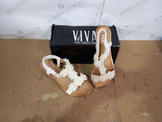 BOXED PAIR OF VIVA WHITE FLORAL SANDALS SIZE 37