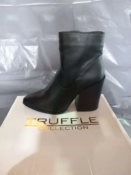 BOXED TRUFFLE BLACK SYNTHETIC ANKLE BOOTS SIZE 3