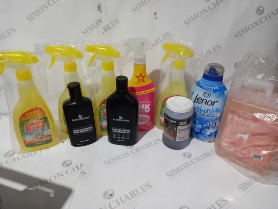 APPROXIMATELY 10 ASSORTED CLEANING PRODUCTS TO INCLUDE THE PINK STUFF, ELBOW GREASE, GLASS RESTORATION STAIN REMOVER, ETC