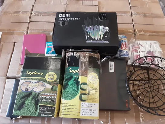 PALLET OF ASSORTED PRODUCTS INCLUDING DEIK 16PCS KNIFE SET, SUPLONG 75FT HOSE, SUPLONG 100FT HOSE, PRESCH SCREWDRIVER SET, AJAX WITH BLEACH, HAIRDRESSING SCISSORS SET