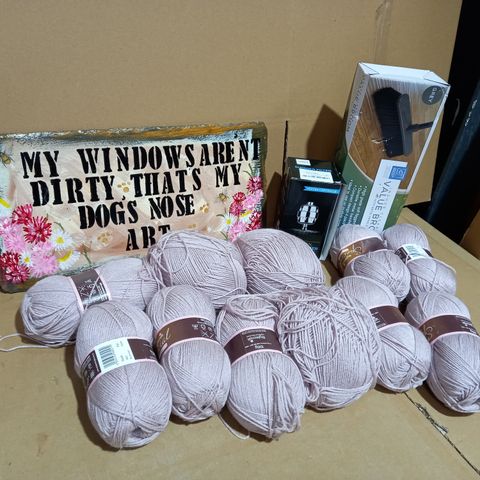 LOT OF APPROX 10 ASSORTED HOUSEHOLD ITEMS TO INCLUDE STYLECRAFT DOUBLE KNIT YARNS, DOGGY POOP BAGS, HOWLING WOLF INCENSE BURNER, ETC