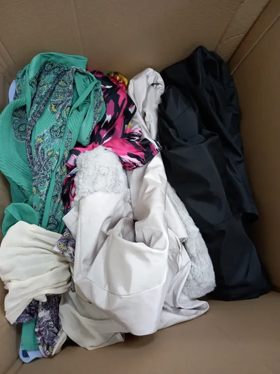 LARGE BOX OF ASSORTED CLOTHING ITEMS ALL IN DIFFRENT COLOURS AND SIZES 