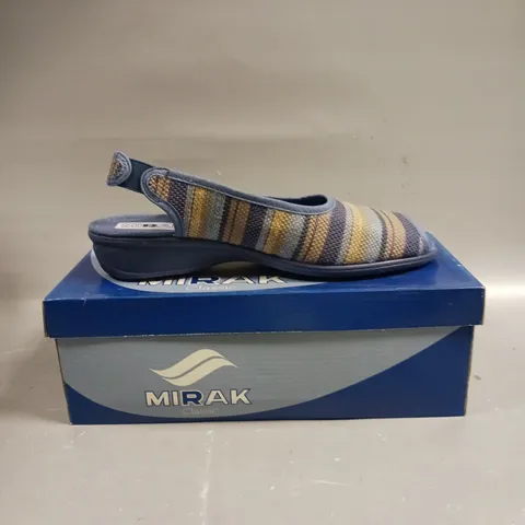 BOXED PAIR OF MIRAK CLASSIC CARLA OPEN TOE SHOES IN BLUE - SIZE 7