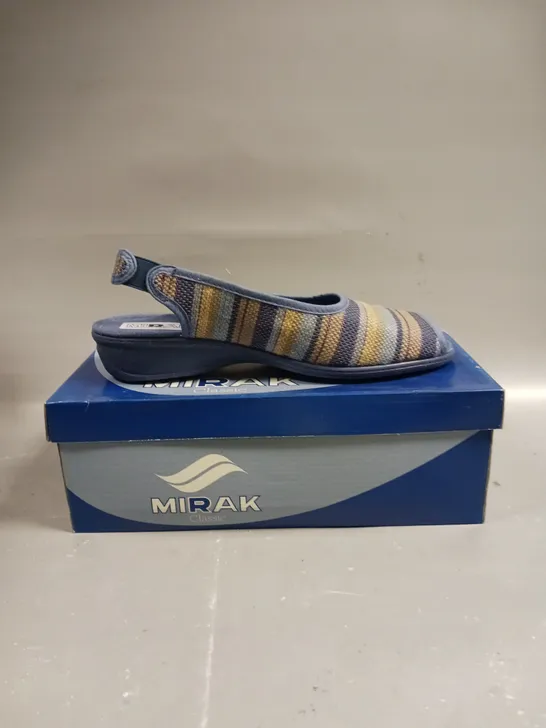 BOXED PAIR OF MIRAK CLASSIC CARLA OPEN TOE SHOES IN BLUE - SIZE 7