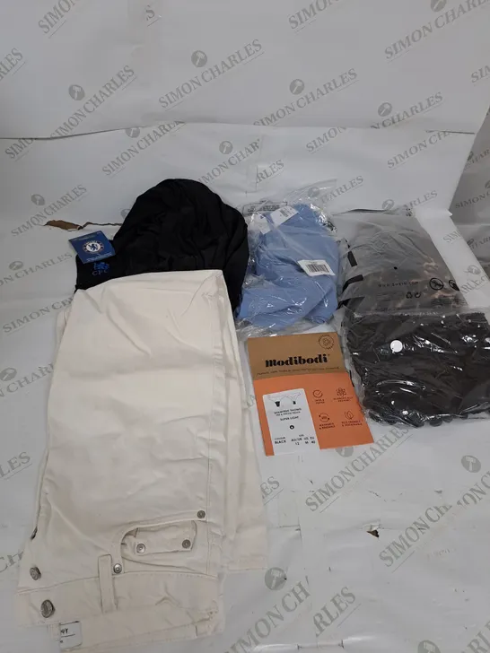 LARGE BOX OF ASSORTED CLOTHING ITEMS IN VARIOUS COLOURS AND SIZES INCLUDING TROUSERS , TOPS AND JUMPERS 