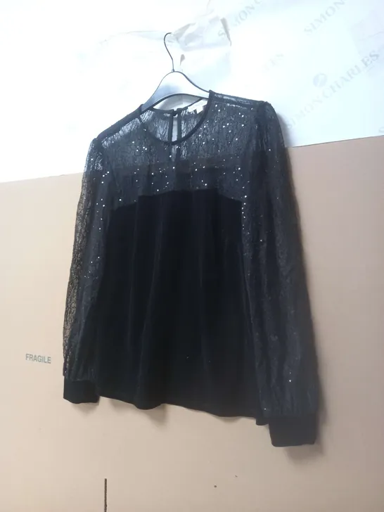 MONSOON DANICA VELVET SEQUIN & LACE TOP- BLACK MEDIUM