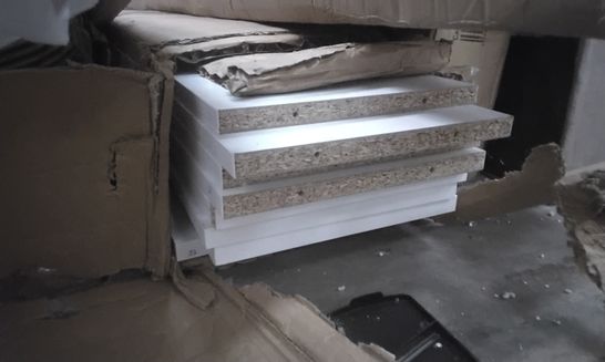 BOX OF FLAPACK WOOD FURNITURE PARTS WHITE