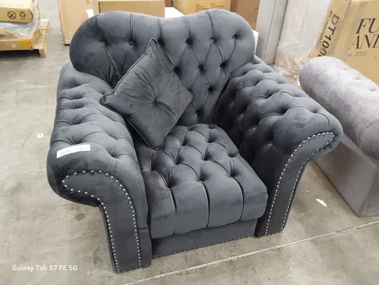 DESIGNER CHESTERFIELD EASY CHAIR CHARCOAL PLUSH FABRIC 