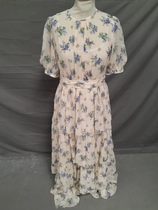 LK BENNET TIERED RUFFLE MIDAXI DRESS IN CREAM/BLUE FLORAL SIZE 10