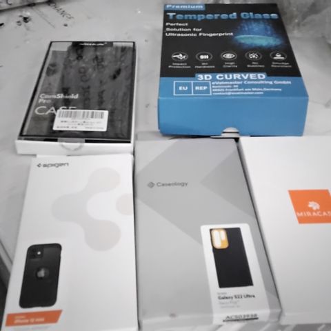 3 BOXES OF ASSORTED PHONE CASES INCLUDING TEMPERED GLASS, MIRACASE, NILLKIN CAMSHIELD PRO CASE, SPIGEN IPHONE 12 MINI CASE, CASEOLOGY GALAXY S22 ULTRA 