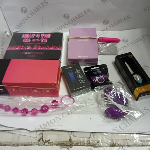 LOT OF APPROX. 10 ASSORTED ADULT ITEMS TO INCLUDE CARD GAME, VIBRATORS, COCK RINGS ETC