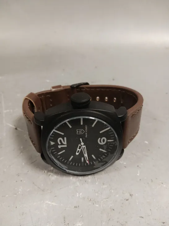 MENS FRANK SCHMIDT WATCH – LARGE BLACK CASE – BLACK PILOT DIAL – BROWN LEATHER STRAP