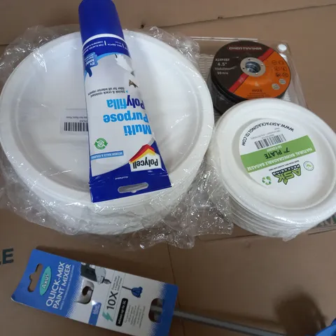 box of assorted item to include - paper plates - poly filler - paint mixer 