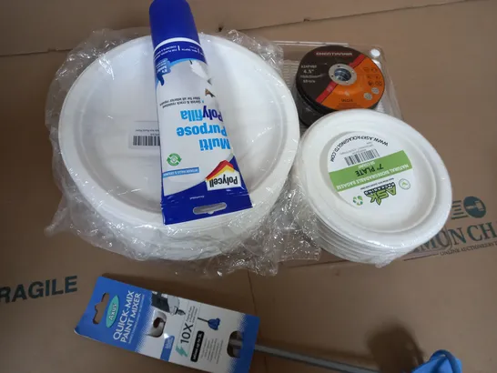 box of assorted item to include - paper plates - poly filler - paint mixer 