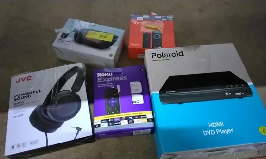 BOX OF ASSORTED ELECTRICAL ITEMS INCLUDING HEADPHONES, ROKU EXPRESS STICK, DVD PLAYER, ALARM CLOCK AND FIRE TV STICK