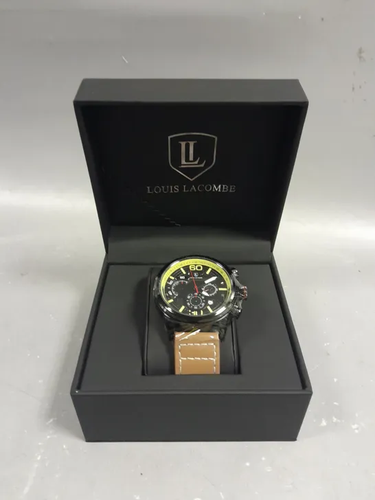 MENS LOUIS LACOMBE CHRONGRAPH WATCH – 3 SUB DIALS – BLACK CASE – LEATHER STRAP