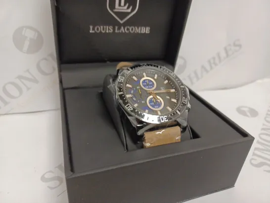 LOUIS LACOMBE MENS CHRONOGRAPH WATCH - BLACK STAINLESS STEEL CASE - LEATHER STRAP - 3ATM WATER RESISTANT - DISPLAY BOX