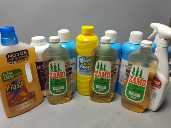 11 ASSORTED LIQUIDS TO INCLUDE DR JOHNSONS STERILISING FLUID (1L), KITCHEN MASTER FOAM OVEN CLEANSER (750ML), ZAMO PINE DISINFECTANT (500ml), ETC - COLLECTION ONLY  - COLLECTION ONLY