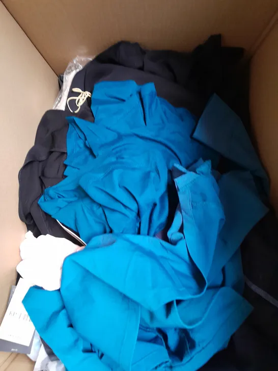 BOX OF APPROXIMATELY 25 ASSORTED CLOTHING ITEMS TO INCLUDE - SHIRT, JACKET, HOODIE ETC