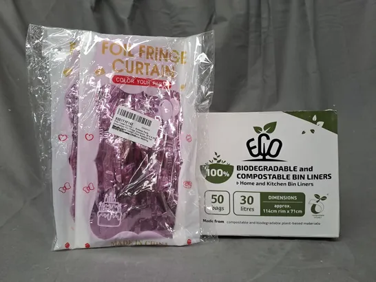 APPROXIMATELY 10 ASSORTED HOUSEHOLD ITEMS TO INCLUDE FOIL FRINGE CURTAIN, BIODEGRADABLE BIN LINERS, ETC