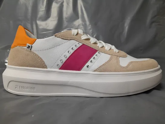 BOXED PAIR OF RIEKER REVOLUTION TRAINERS IN WHITE/PURPLE/SAND/ORANGE W. JEWEL EFFECT EU SIZE 41