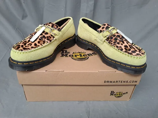 BOXED PAIR OF DR MARTENS ADRIAN BONE SNAFFLE SUEDE LOAFERS IN LIME/LEOPARD PRINT FAUX HAIR UK SIZE 6