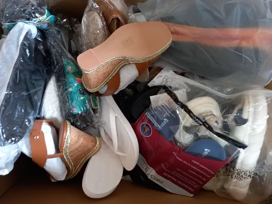 BOX OF APPROXIMATELY 15 ASSORTED PAIRS OF SHOES AND FOOTWEAR ITEMS IN VARIOUS COLOURS, STYLES, AND SIZES - COLLECTION ONLY