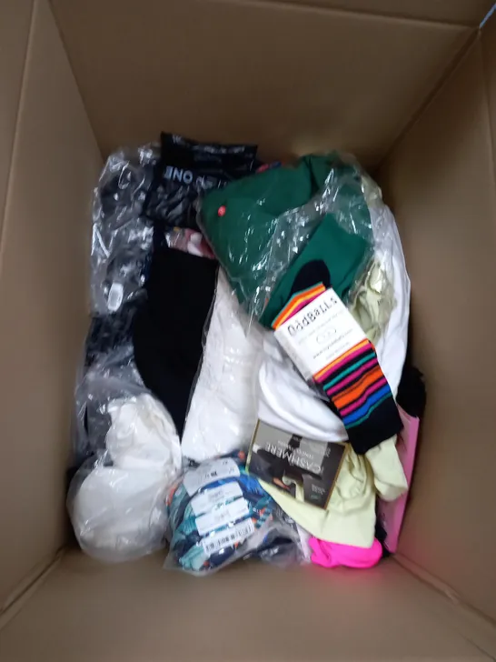 BOX OF APPROXIMATELY 15 CLOTHING ITEMS TO INCLUDE SONNET TRACKSUIT, ODDBALLS SOCKS, SLEEVED MAXI DRESS ETC