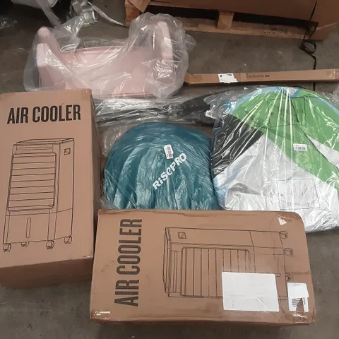 PALLET OF ASSORTED PRODUCTS INCLUDING AIR COOLER, RISEPRO POPUP TENT, LAPTOP/BED TRAY, OVERMOUNT OAR, HOME PULL UP BAR
