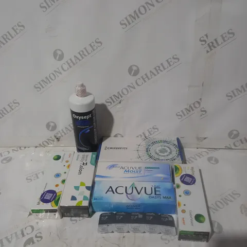 BOX OF APPROXIMATELY 30 ASSORTED CONTACT LENSES AND EYE TREATMENT TO INCLUDE ACUVUE, COOPER VISION AND OXYSEPT
