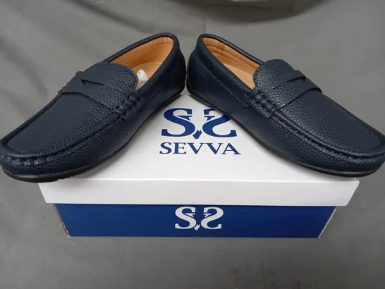 BOXED PAIR OF SEVVA LOAFERS IN NAVY UK SIZE 1