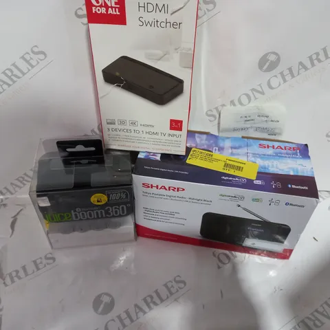 LOT OF ASSORTED ITEMS TO INCLUDE - HDMI SWITCHER - SHARP RADIO - JUICE BOOM 360 SPEAKER
