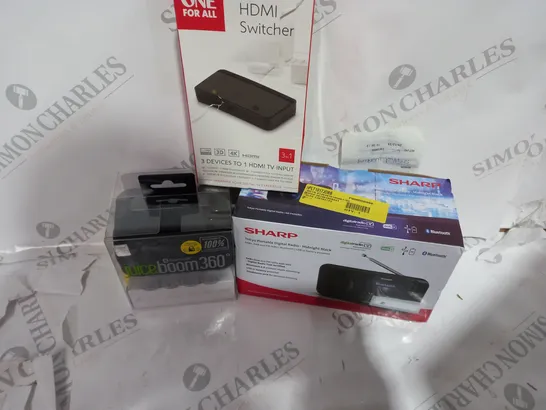 LOT OF ASSORTED ITEMS TO INCLUDE - HDMI SWITCHER - SHARP RADIO - JUICE BOOM 360 SPEAKER