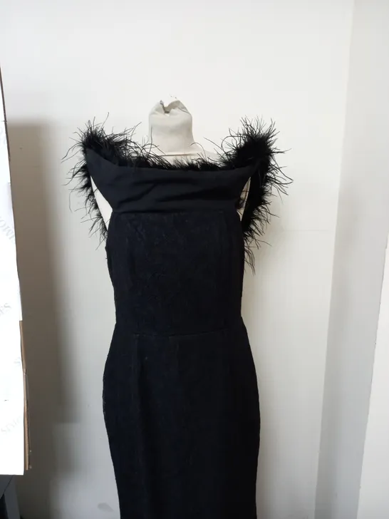 CLUB LONDON BARDOT FEATHER FISHTAIL MAXI DRESS IN BLACK SIZE 12 