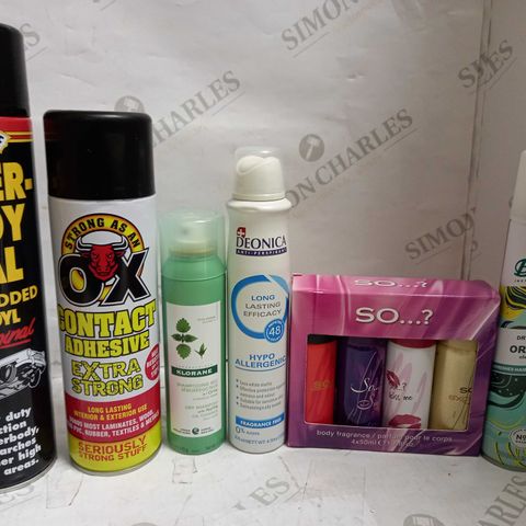 LOT OF APPROXIMATELY 12 AEROSOLS & SPRAYS, TO INCLUDE CONTACT ADHESIVE, DRY SHAMPOO, UNDER-BODY SEAL, ETC