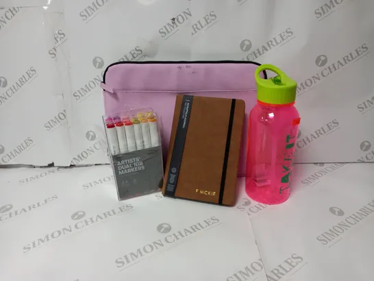 APPROXIMATELY 14 ASSORTED ITEMS TO INCLUDE LAPTOP BAG, 18 PACK DUAL NIB MARKERS, A5 JOURNAL, PLASTIC WATER BOTTLE ETC. 