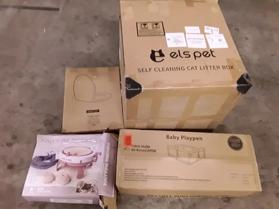 PALLET OF ASSORTED PRODUCTS INCLUDING SELF CLEANING CAT LITTER BOX, KNITTING MACHINE, TOILET SEAT, BABY PLAYPEN