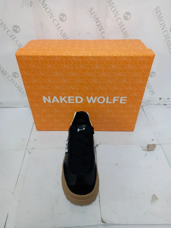 BOXED PAIR OF NAKED WOLFE WARRIOR BLACK RAISED TRAINERS UK 3 