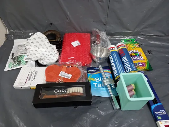 BOX OF ASSORTED HOUSEHOLD ITEMS TO INCLUDE CRAYOLA, BLU-TAC AND SILIRUN SILICONE 