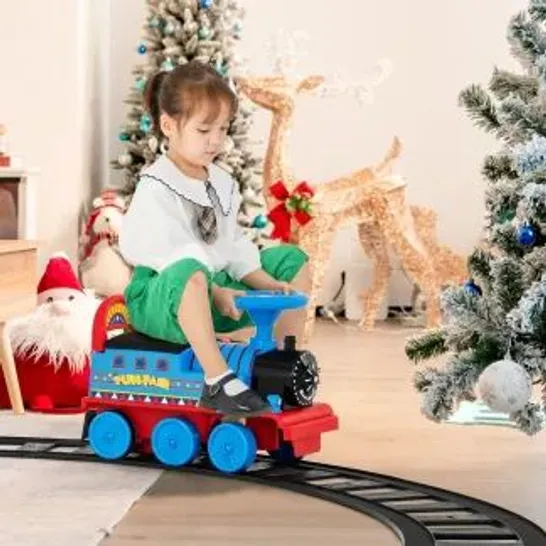 COSTWAY KIDS ELECTRIC RIDE ON TRAIN WITH TRACKS, STORAGE SEAT, FLASHING LIGHTS & MUSIC, 6V BATTERY POWERED RIDE ON TOY - NAVY 