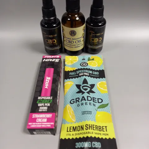 5 X ASSORTED CBD PRODUCTS TO INCLUDE OILS & PENS 