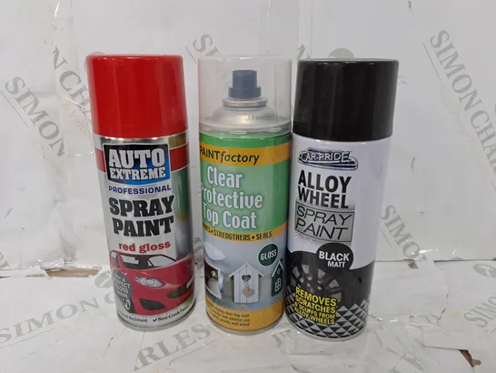 APPROXIMATELY 20 ASSORTED AEROSOLS TO INCLUDE CAR PRIDE ALLOY WHEEL SPRAY PAINT IN BLACK MATT (400ml), PAINT FACTORY CLEAR PROTECTIVE TOP COAT (400ml), AUTO EXTREME PROFESSIONAL SPRAY PAINT IN RED GLO