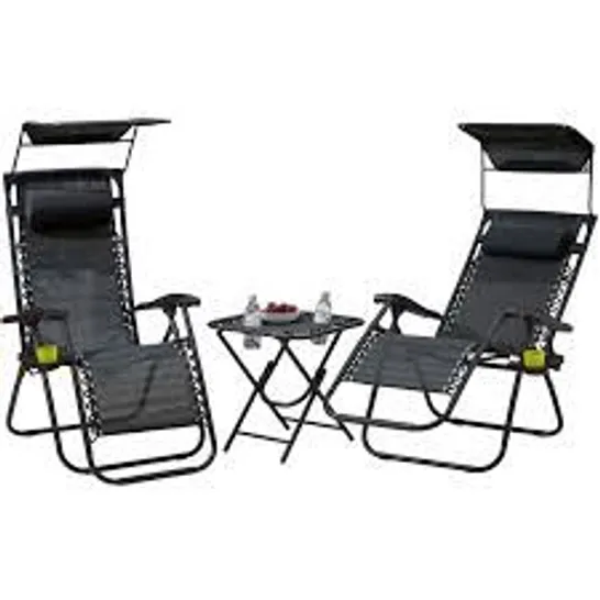 BOXED NEO GREY FOLDING PORTABLE ZERO GRAVITY CHAIRS AND TABLE SET (1 BOX)