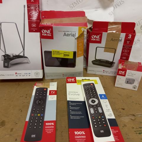 LOT OF APPROX 10 ONE FOR ALL ASSORTED ITEMS TO INCLUDE UNIVERSAL REMOTES, INDOOR TV AERIALS, TV SIGNAL BOOSTER 