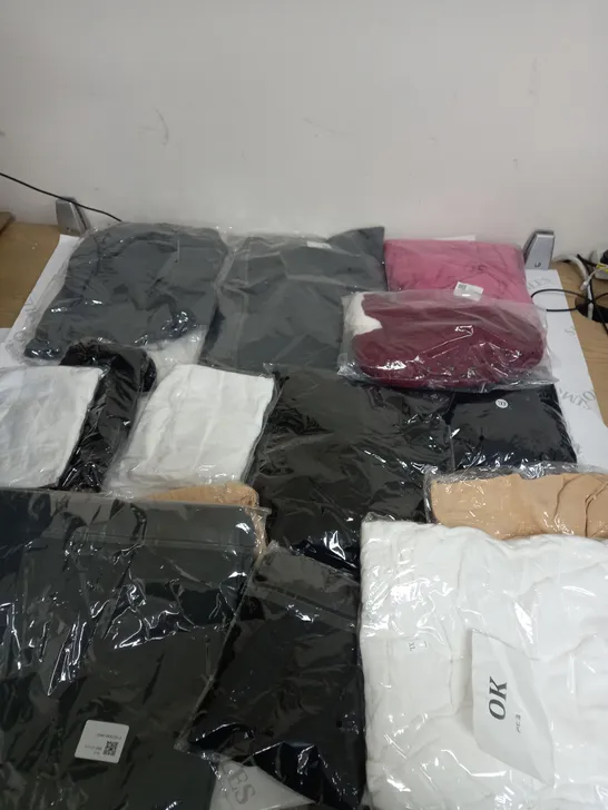 LARGE BOX OF ASSORTED CLOTHING ITEMS IN VARIOUS COLOURS AND SIZES