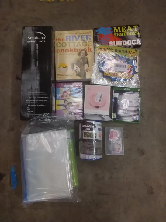 PALLET OF ASSORTED ITEMS INCLUDING SPRAY MOP, MEAT SHREDDER, PRINCESS STORIES DVD, XBOX ONE FIFA 21, THE RIVER COTTAGE COOKBOOK, SMART CONSTANT WARM COASTER