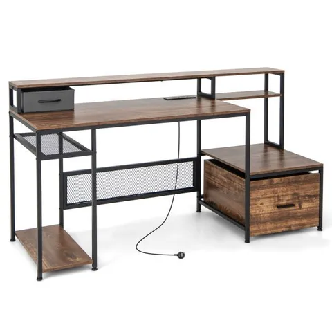 BOXED COSTWAY 170cm COMPUTER DESK WITH MONITOR STAND AND FILE DRAWER RUSTIC