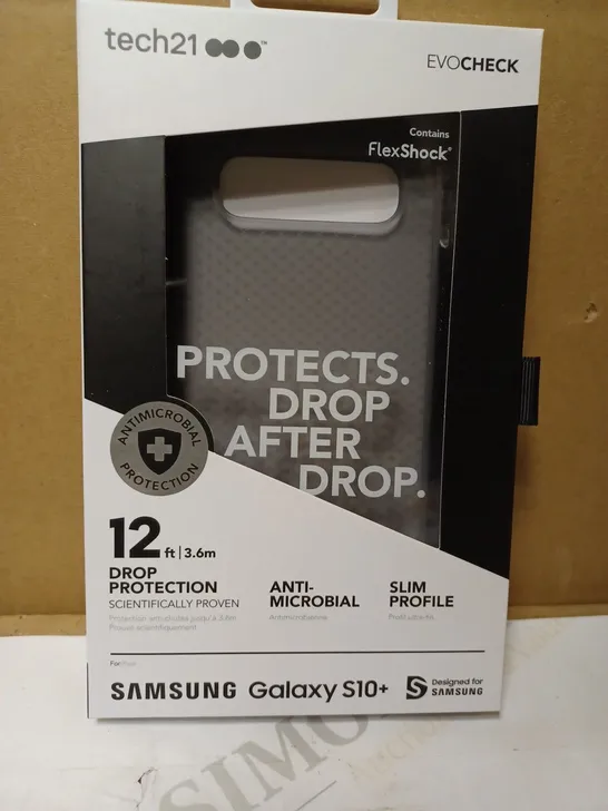 LOT OF APPROX. 80 BRAND NEW BOXED TECH 21 T21-6949 SMOKEY BLACK EVO CHECK CASE COVER WITH 12FT DROP PROTECTION AND ANTI-MICROBIAL PROTECTION FOR SAMSUNG GALAXY S10+